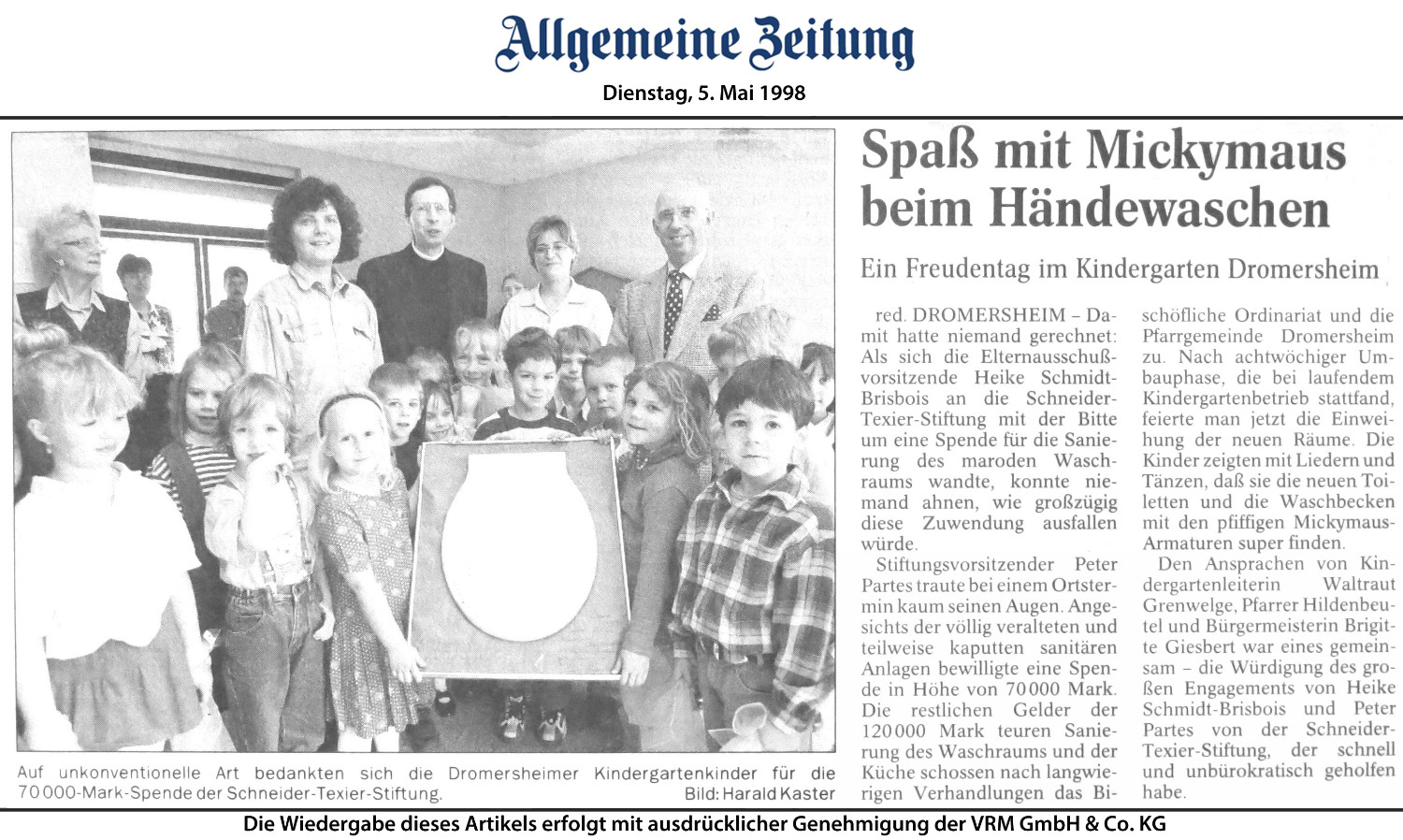 Allgemeine Zeitung - Dienstag 5. Mai 1998 Spaß mit Mickey Maus beim Händewaschen Ein Freundentag im Kindergarten Dromersheim