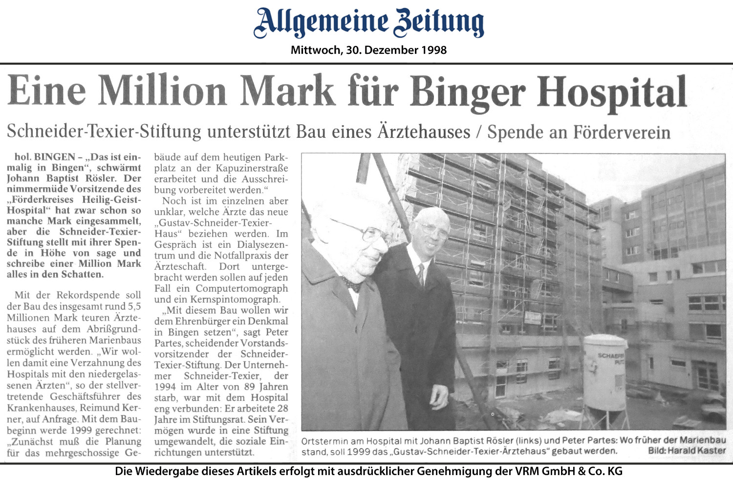 Allgemeine Zeitung - Mittwoch, 30. Dezember 1998 Eine Million Mark für Binger Hospital Schneider-Texier-Stiftung unterstützt Bau des Ärztehauses / Spende an Förderverein