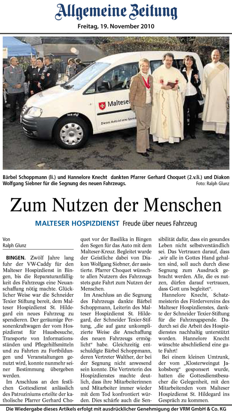 Allgemeine Zeitung - Freitag, 19. November 2010 Zum Nutzen der Menschen Freude über neues Fahrzeug